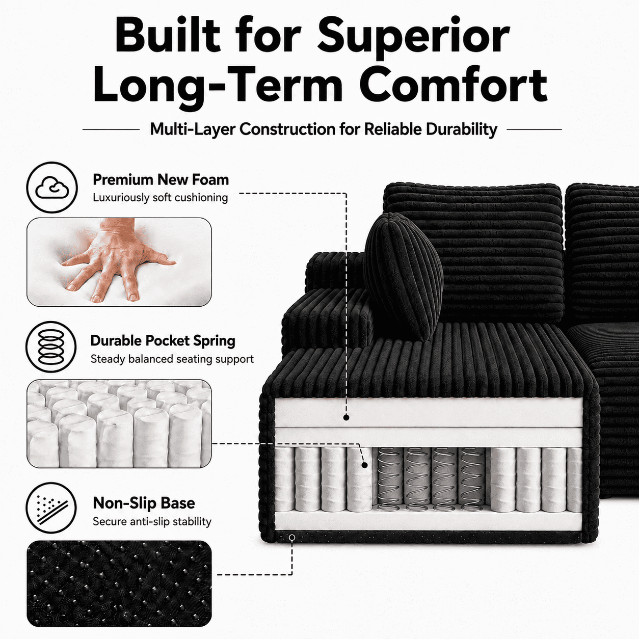104" Corduroy Modular Sectional Sofa, L-Shaped Deep Seat Couch with Chaise, Pocket Spring Support, No Assembly Required, Black