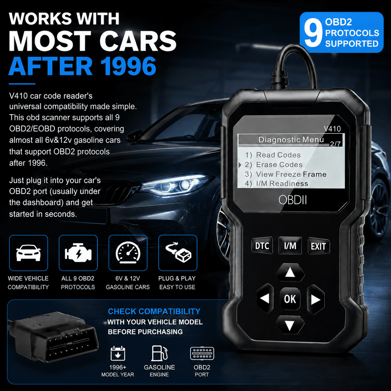 Professional OBD2 Scanner, Car Scanner Diagnostic Tool: Engine Fault Code Reader Scan Tool with Live Data/Freeze Frame for All OBDII Cars After 1996,Black