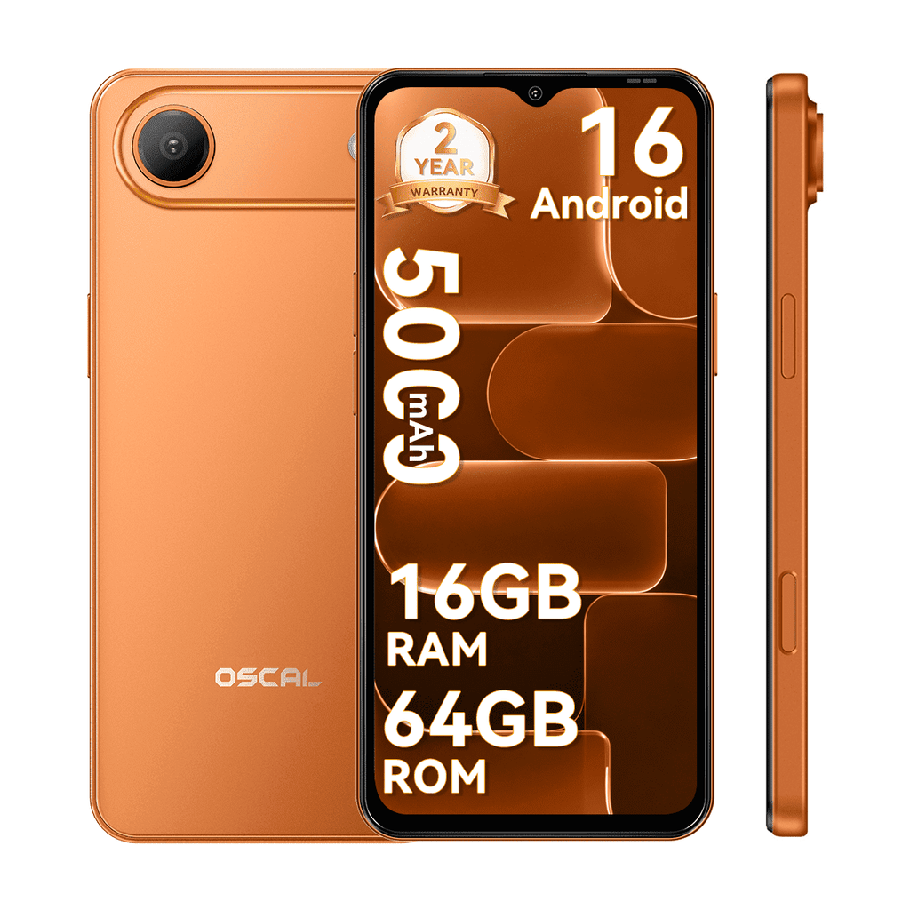 OSCAL FLAT 3C Unlocked Cell Phone,Android 16 Phone with 6.56" HD+ Display,5000mAh Battery,16(4+12)+64GB/1TB Expandable,32MP Rear Camera,IP54,DokeOS 5.0,Orange